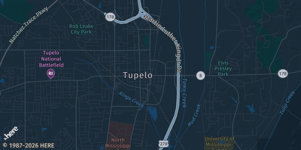 Map of Tupelo, MS. The exact address of Tupelo Furniture Market Building 4 is not known, so the map shows the area rather than a specific building.