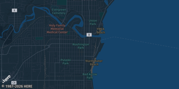Map of Manitowoc, WI. The exact address of Holiday Inn Manitowoc-Ballroom is not known, so the map shows the area rather than a specific building.