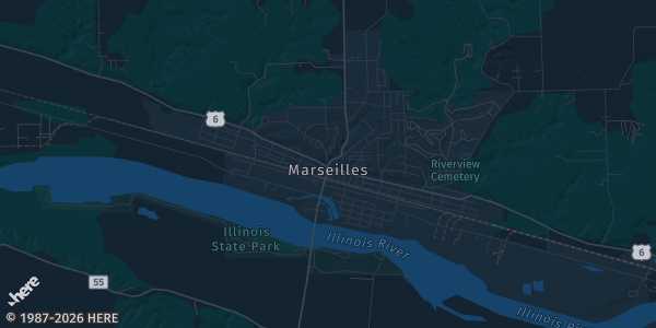 Map of Marseilles, IL. The exact address of Marseilles Lions Club is not known, so the map shows the area rather than a specific building.