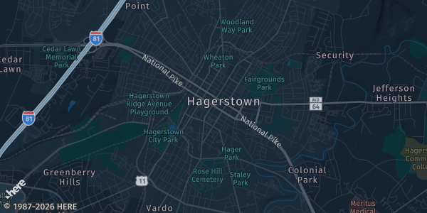 Map of Hagerstown, MD. The exact address of Hagerstown Field House is not known, so the map shows the area rather than a specific building.