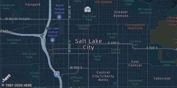 Map of Salt Lake City, UT. The exact address of Salt Lake Marriott Downtown at City Creek is not known, so the map shows the area rather than a specific building.