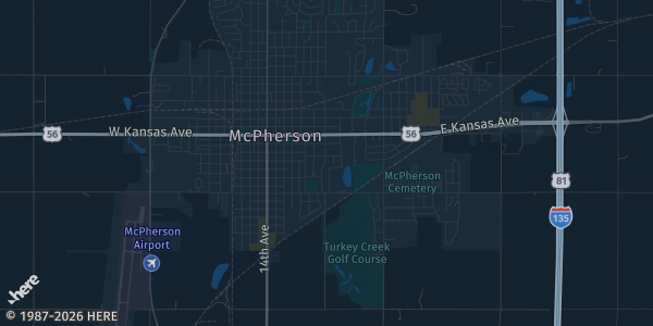 Map of McPherson, KS. The exact address of McPherson Community Building is not known, so the map shows the area rather than a specific building.