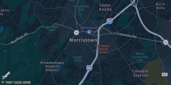 Map of Morristown, NJ. The exact address of Morristown armory is not known, so the map shows the area rather than a specific building.