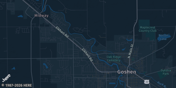 Map of Elkhart, IN. The exact address of Elkhart Moose Lodge is not known, so the map shows the area rather than a specific building.