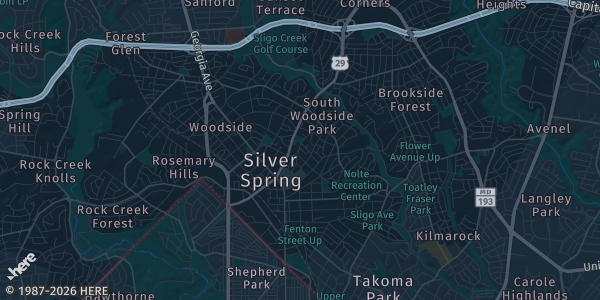 Map of Silver Spring, MD. The exact address of Silver Spring Civic Center is not known, so the map shows the area rather than a specific building.