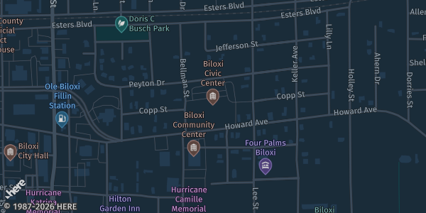 Map showing Biloxi Civic Center in Biloxi, MS.