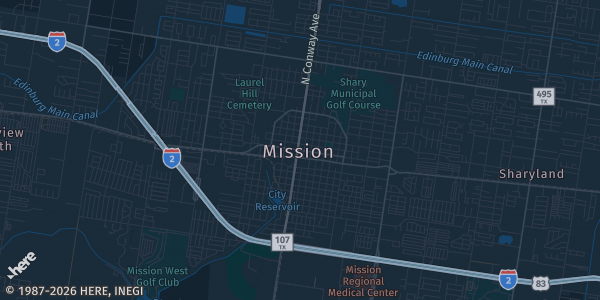 Map of Mission, TX. The exact address of Sharyland Bannworth Gym is not known, so the map shows the area rather than a specific building.