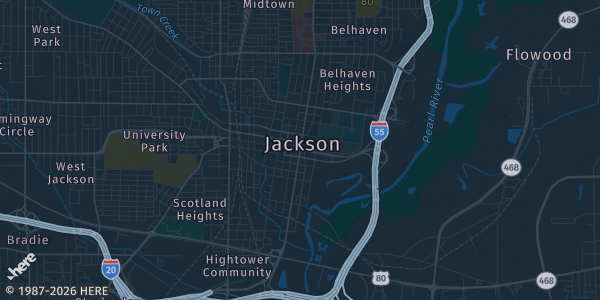 Map of Jackson, MS. The exact address of Mississippi Trade Mart is not known, so the map shows the area rather than a specific building.