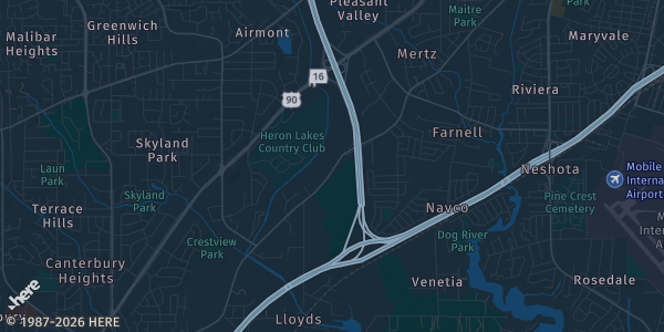 Map of Mobile, AL. The exact address of The Grand Hall is not known, so the map shows the area rather than a specific building.