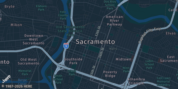 Map of Sacramento, CA. The exact address of Monster Collectibles Show is not known, so the map shows the area rather than a specific building.
