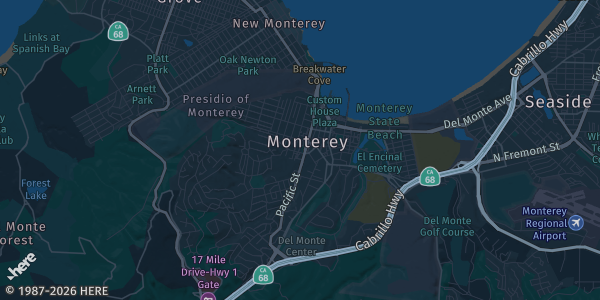 Map of Monterey, CA. The exact address of Monterey Conference Center is not known, so the map shows the area rather than a specific building.