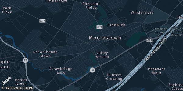 Map of Moorestown, NJ. The exact address of Jersey Hoops Academy is not known, so the map shows the area rather than a specific building.
