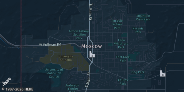 Map of Moscow, ID. The exact address of Latah County Fairgrounds is not known, so the map shows the area rather than a specific building.