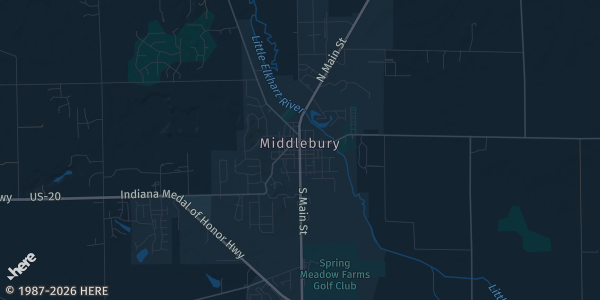 Map of Middlebury, IN. The exact address of Essenhaus Conference Center is not known, so the map shows the area rather than a specific building.