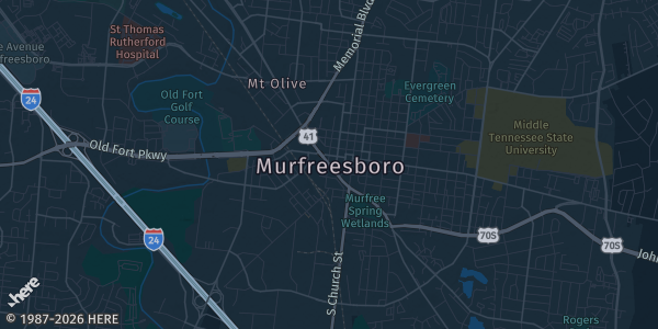 Map of Murfreesboro, TN. The exact address of Ramada Inn is not known, so the map shows the area rather than a specific building.
