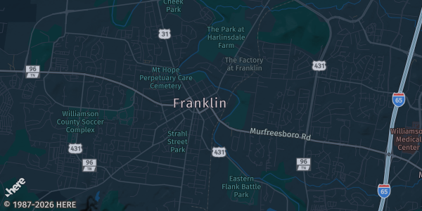 Map of Franklin, TN. The exact address of Williamson County AG Expo Park is not known, so the map shows the area rather than a specific building.