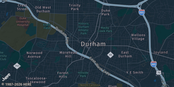 Map of Durham, NC. The exact address of NC Comiccon is not known, so the map shows the area rather than a specific building.