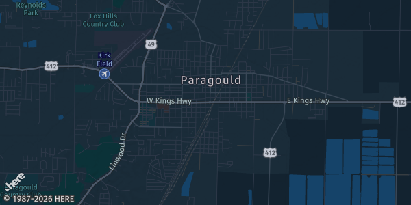 Map of Paragould, AR. The exact address of Paragould Community Center is not known, so the map shows the area rather than a specific building.