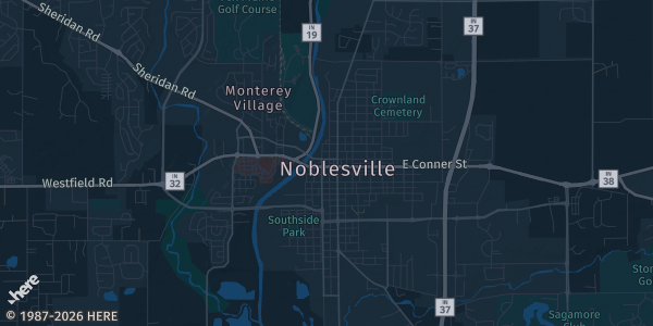 Map of Noblesville, IN. The exact address of Noblesville Moose Lodge #540 is not known, so the map shows the area rather than a specific building.