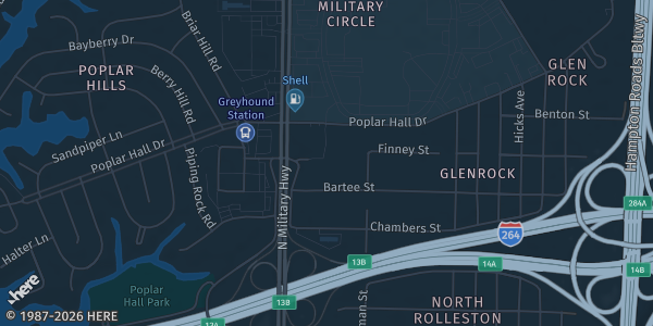 Map showing VFW Lodge 8409 Norfolk in Norfolk, VA.