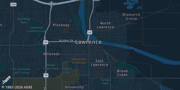 Map of Lawrence, KS. The exact address of Douglas County Fairgrounds – Building 21 is not known, so the map shows the area rather than a specific building.
