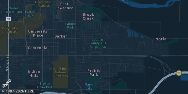 Map of South Lawrence, KS. The exact address of Douglas County Fairgrounds Building 21 South is not known, so the map shows the area rather than a specific building.