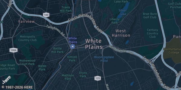 Map of White Plains, NY. The exact address of Westchester County Center is not known, so the map shows the area rather than a specific building.