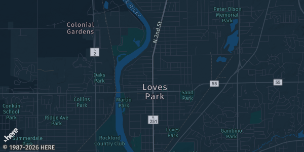 Map of Loves Park, IL. The exact address of Elite Sports Center is not known, so the map shows the area rather than a specific building.