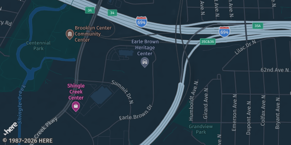 Map showing Earle Brown Heritage Center in Brooklyn Center, MN.