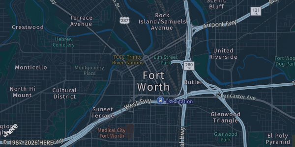 Map of Fort Worth, TX. The exact address of Amon G. Carter Jr. Exhibits Hall — Will Rogers Memorial Center is not known, so the map shows the area rather than a specific building.