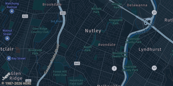 Map of Nutley, NJ. The exact address of Nutley Parks& Recreation is not known, so the map shows the area rather than a specific building.