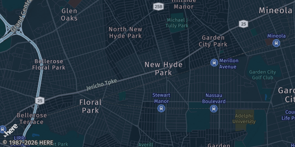 Map of New Hyde Park, NY. The exact address of New Hyde Park Elks Lodge #2107 is not known, so the map shows the area rather than a specific building.