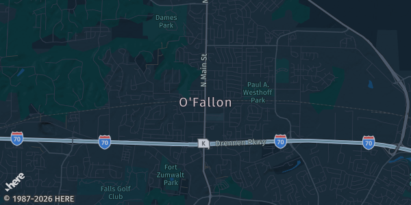 Map of O'fallon, MO. The exact address of The Crossings Church is not known, so the map shows the area rather than a specific building.