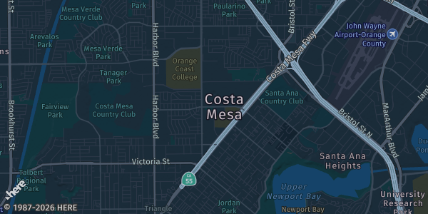 Map of Costa Mesa, CA. The exact address of OC Fair & Event Center Hanger Bldg is not known, so the map shows the area rather than a specific building.