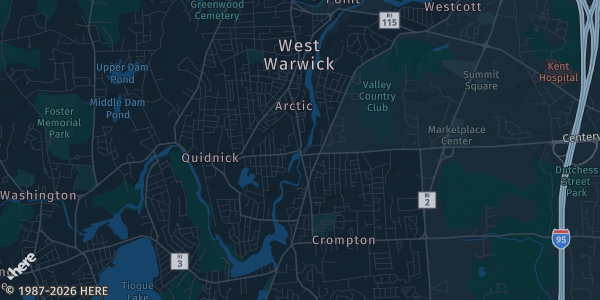 Map of West Warwick, RI. The exact address of West Warwick Civic Center is not known, so the map shows the area rather than a specific building.