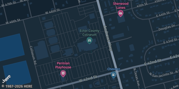 Map showing Ector County Coliseum in Odessa, TX.