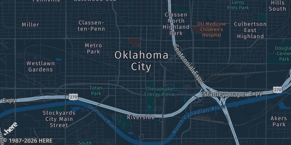 Map of Oklahoma City, OK. The exact address of OKC Convention Center is not known, so the map shows the area rather than a specific building.