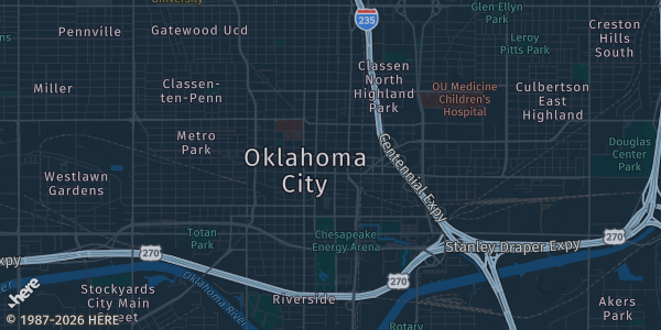 Map of Oklahoma City, OK. The exact address of Centennial Building, OKC Fair Park is not known, so the map shows the area rather than a specific building.