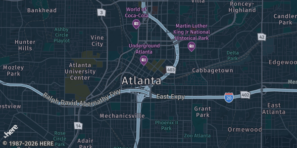 Map of Atlanta, GA. The exact address of Georgia International Convention Center is not known, so the map shows the area rather than a specific building.