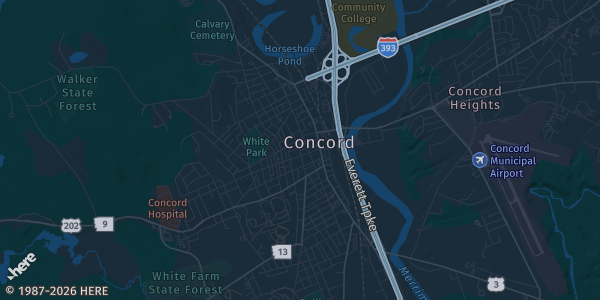 Map of Concord, NH. The exact address of Old School Comic Show is not known, so the map shows the area rather than a specific building.