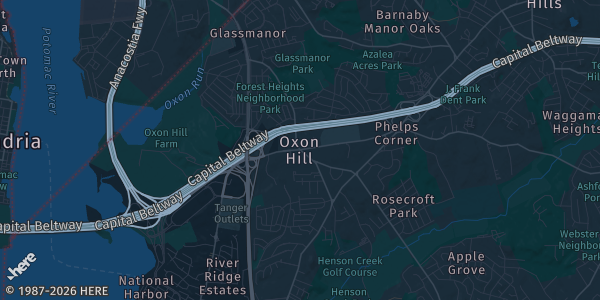 Map of Oxon Hill, MD. The exact address of Harborside Hotel is not known, so the map shows the area rather than a specific building.