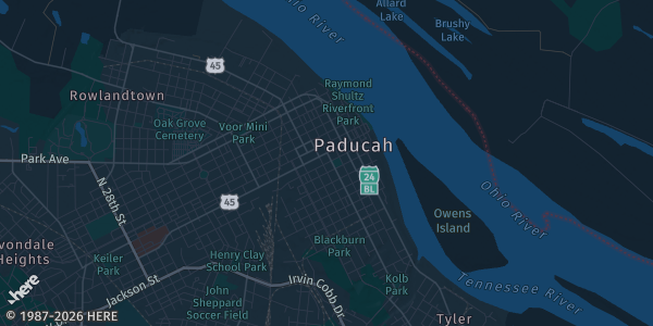 Map of Paducah, KY. The exact address of Kentucky Oaks Mall is not known, so the map shows the area rather than a specific building.