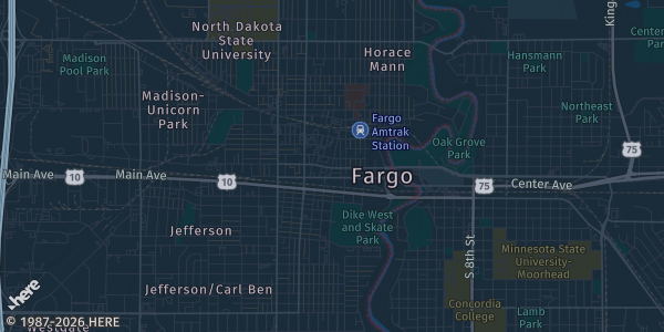 Map of Fargo, ND. The exact address of Brewhalla is not known, so the map shows the area rather than a specific building.