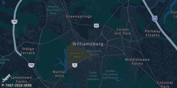 Map of Williamsburg, VA. The exact address of Williamsburg Indoor Sports Complex is not known, so the map shows the area rather than a specific building.