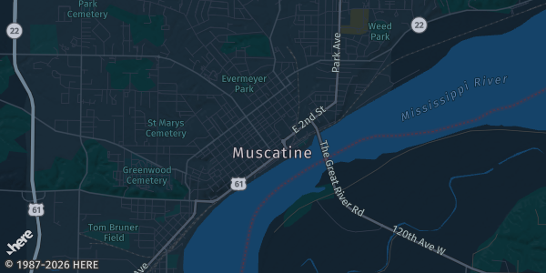 Map of Muscatine, IA. The exact address of Musco Sports Center is not known, so the map shows the area rather than a specific building.