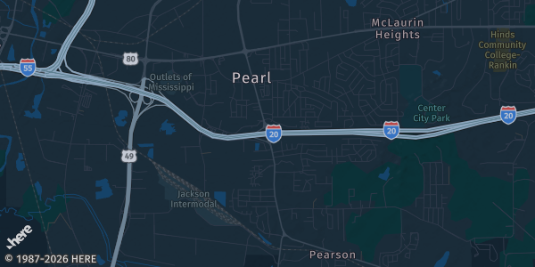 Map of Pearl, MS. The exact address of Clyde Muse Center is not known, so the map shows the area rather than a specific building.