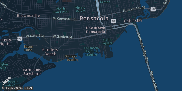 Map of Pensacola, FL. The exact address of Pensacon is not known, so the map shows the area rather than a specific building.