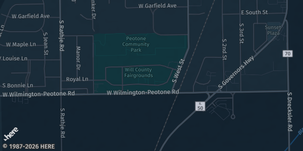 Map showing Will County Fairgrounds in Peotone, IL.