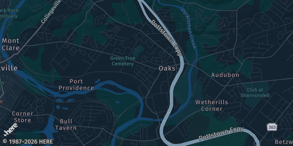 Map of Oaks, PA. The exact address of Greater Philadelphia Expo Center, Hall E is not known, so the map shows the area rather than a specific building.