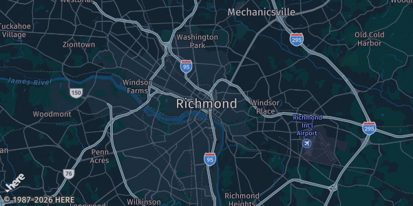 Map of Richmond, VA. The exact address of Christ Lutheran Church is not known, so the map shows the area rather than a specific building.